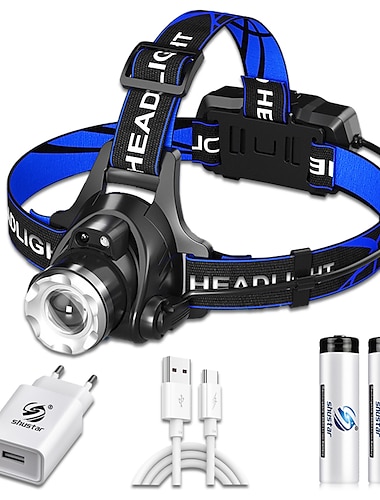  Faro delantero led con sensor, faro de pesca t6/l2/p50, 3 modos con zoom, resistente al agua, súper brillante, luz de camping alimentada por 2x18650 baterías