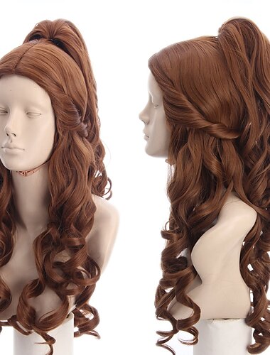  Perruques pour femmes longues et bouclées brunes, perruque de cosplay ondulée avec queue de cheval, perruques d'halloween