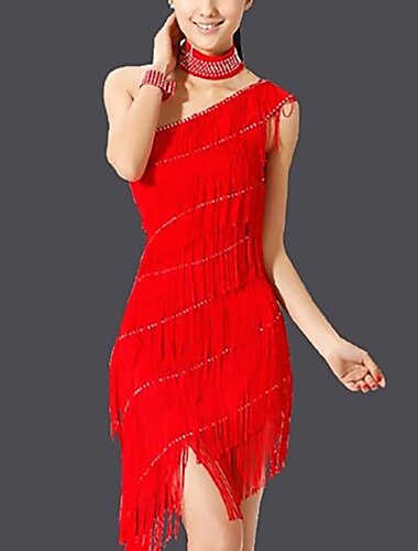  Latein-Tanzkleid mit Fransen und Quasten für Damen, ärmellos, Chinlon
