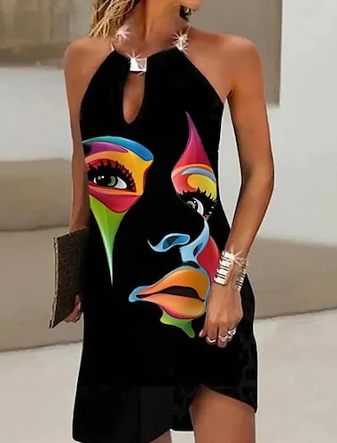  Damen Minikleid Sommerkleid Etuikleid Modisch Modern Urlaub Täglich Ausgehen Regular Fit Abstrakt Ärmellos Halfterhals kalte Schulter Schwarz Sommer Frühling