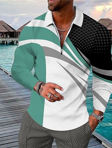  Herre Geometrisk Hawaii poloskjorter Golftrøje Langærmet Polo skjorter Skjorter med krave Afslappet Strand Tøj Ferietøj Festtøj 3D-udskrivning Kvart lynlås polo Rød Blå Dusty Blue