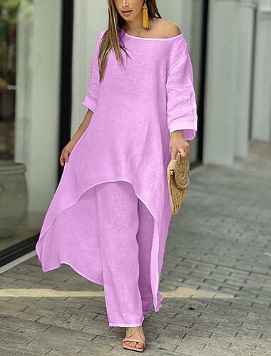  Dames Streetwear Overhemd Tweedelige sets Broeken Sets Lange mouw Strakke ronde hals Effen Kleur Casual Weekend Blozend Roze blauw Paars Normale pasvorm