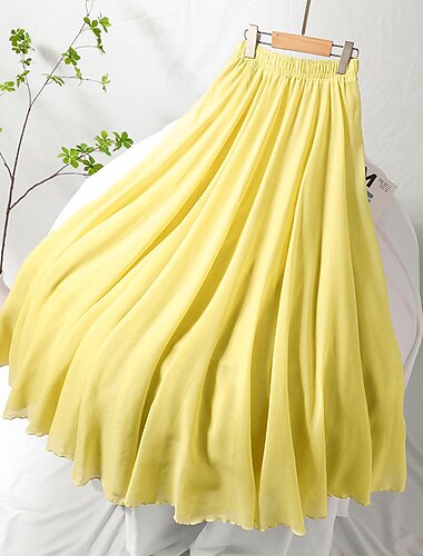  בגדי ריקוד נשים גודל אסיה אלגנטית בסיסי יום יומי מקסי חצאיות אחיד קפלים טול ארוך משרד / קריירה לבוש עבודה פול שחור לבן צהוב אביב קיץ
