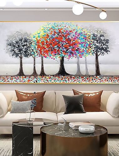  Handgefertigtes Ölgemälde auf Leinwand, Wandkunst, Dekoration, originelles farbenfrohes, blühendes Waldgemälde, abstrakte Landschaftsmalerei für Wohnkultur mit gespanntem Rahmen/ohne