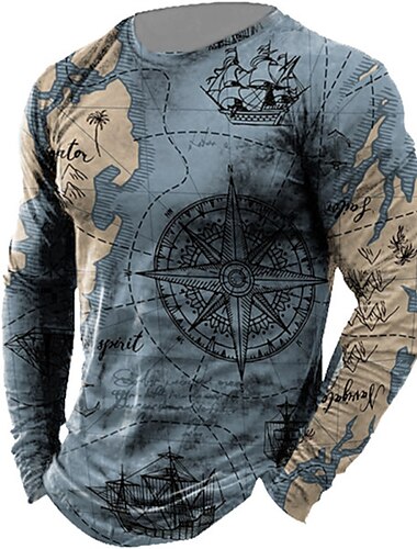  Homme Unisexe Nautique Carte Imprimés Photos T shirt t-shirt en détresse manche longue T-shirt 3D effet Col Ras du Cou Chemise Design Décontractées Grand et grand du quotidien Vacances Bleu Violet
