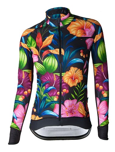  女性用 サイクリングジャージー 花 植物 長袖 バイク ジャージー トップス 3つのリアポケット付き マウンテンサイクリング ロードバイク 速乾性 反射性ストリップ 後ポケット 吸汗性 スポーツ イエロー レッド ダークネービー 衣類