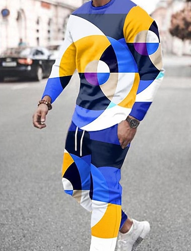  Homens Moletom Conjunto de moletons Amarelo Azul Real Azul Cinzento Gola Redonda Gráfico Geométrica 2 Peças Imprimir Desportos e Ar livre Casual Esportes Impressão 3D Roupa de rua Roupa de Esporte