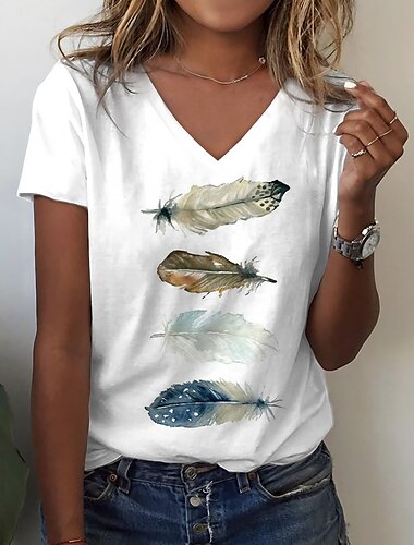  Damen T-Shirt Basic Print Kurzarm Regular Fit Oberteile V-Ausschnitt Casual Weekend Weiß Blau