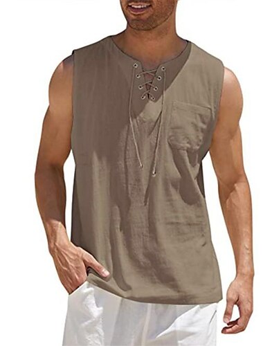  Herren Leinenhemd Sommerhemd Strandhemd Baumwoll-Leinen-Hemd Tank Top Einfarbig Urlaub Lässig Weiß Dunkelgrün Kaki Kurzarm Kragenlos Bekleidung