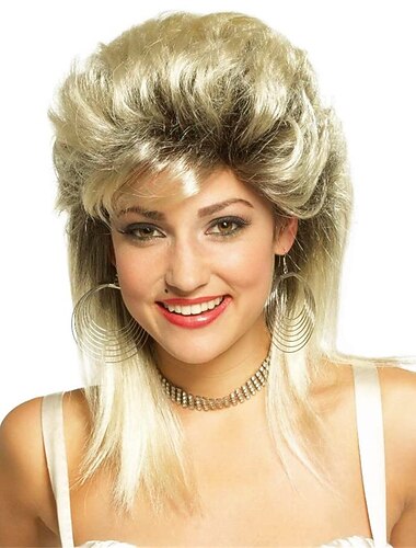  ビーハイブウィッグ マレットウィッグ ヘアメタル 金髪マレットウィッグ 女性用 オンブレ黒 カーリー ソフト ヒートレジスタント 肩までの長さの髪 80年代ロッカー コスプレ ダークルーツ 合成ウィッグ ハロウィンウィッグ