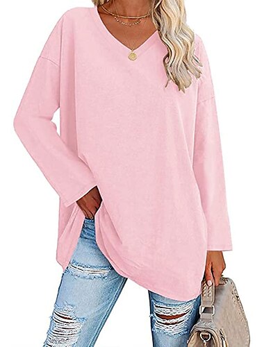  Dames T-shirt Effen Basic Lange mouw V-hals Normale tops Valentijnsdag Casual Weekend Wit Geel Blozend Roze Rood blauw Herfst winter