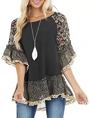  Damen Hemd Boho-Shirt Tunika Bluse Blumen Leopard Strassenmode Brautkleider schlicht 3/4 Ärmel Rundhalsausschnitt Normale Oberteile Täglich Wochenende Rüsche Bedruckt Fließende Tunika Schwarz Wei