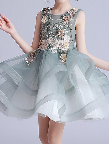  Corte A Sobre la Rodilla Vestido de Niña Florista Primera Comunión lindo vestido de fiesta Encaje con Pétalo A Capas tutú Ajuste 3-16 años