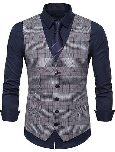  Voor heren Vest Bruiloft Werk liiketoiminta Dagelijks Zakelijk Casual Winter Zak Polyester Winddicht Sneldrogend Geruit Enkele rij knopen V-hals Normale pasvorm Licht Grijs Donkergrijs Koffie Hesje