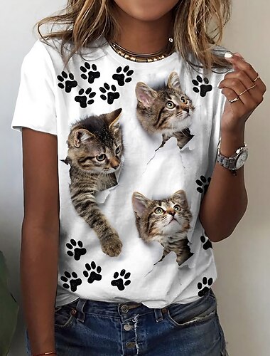  t-shirt basique à manches courtes pour femme, imprimé chat, col rond, décontracté, week-end, blanc