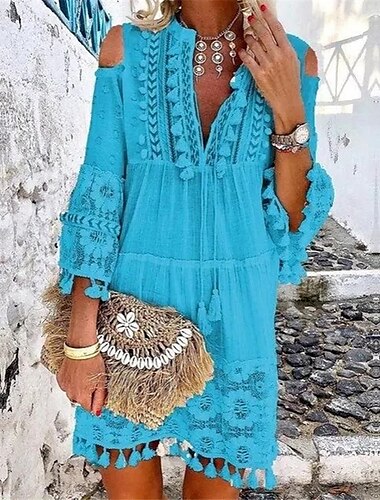 Damen Minikleid Shiftkleid Boho-Kleid Urlaub Lässig Outdoor Urlaub Täglich Lässiger Schnitt Einfarbig Dreiviertelarm V Ausschnitt Weiß Rosa Blau Purpur Sommer Frühling