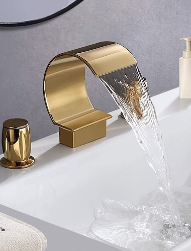  Bathroom Sink Faucet,Elegant Double Handle Arc Waterfall Spout Bathtub Filler Faucet with Three Holes Widespread Bathroom Faucet Gold/Matte Black