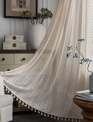  Boho Vorhang 1 Panel weiß Bauernhaus Vorhang Vorhänge für Wohnzimmer Schlafzimmer, Vorhang für Küche Balkontür Fensterbehandlungen mit Quasten
