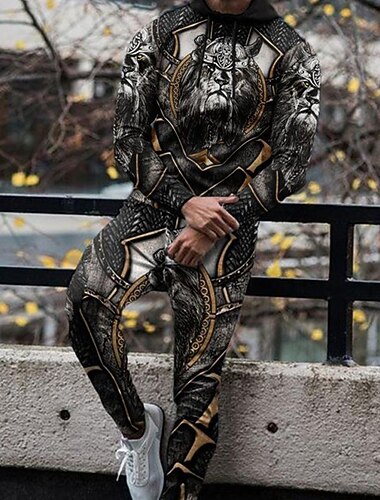  Herren Grafik Löwe Mit Tiermuster 2St 3D Sweatshirt-Sets Trainingsanzug Kapuzenshirts Langarm Lange Hosen Mit Kapuze Streetwear Sportbekleidung Basic Sport & Outdoor Lässig Sport Druck Frühling Herbst