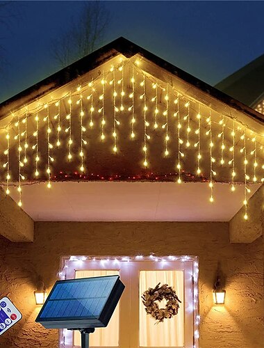  Luzes de gelo led 3/5 m 256 led luz de corda de fada ao ar livre luzes de cortina de energia solar para janela festa de natal jardim jardim decoração de férias iluminação com controle remoto