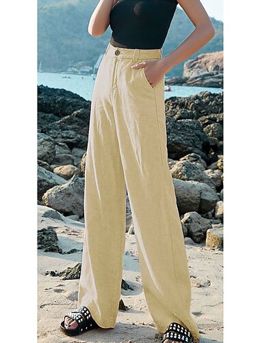  Hose aus Baumwollleinen Baggy-Hosen Küsten-Oma-Stil Baggy Schwarz Weiß Aprikose