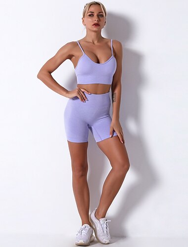 Damen 2St Trainingssets Feste Farbe Kurze Hose BH-Oberteil Sportkleidung Leicht Grün Sahne Elasthan Yoga Fitness Fitnesstraining Bauchkontrolle Kolbenheber Atmungsaktiv Ärmellos Sport Sportkleidung
