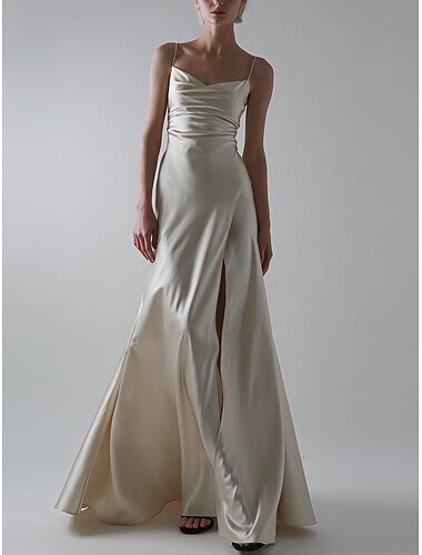  A-Line Evening Gown Sexy Dress Wedding Guest Prom Floor Length Sleeveless Spaghetti Strap Satin with Slit Pure Color 2024