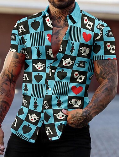  Herren Geometrische Muster Poker Hemd Knopfhemd Kurzarm Modisch Designer Brautkleider schlicht Täglich Festtage Strand Frühling Sommer Umlegekragen Bedruckt Button-Down Blau-Grün Rote
