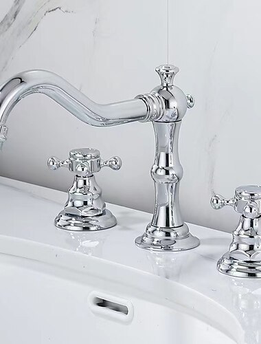  Waschbecken Wasserhahn, weit verbreitet mit zwei Griffen, drei Löchern, Messing-Badearmaturen, Messing-Waschtischarmatur mit kaltem und heißem Wasser
