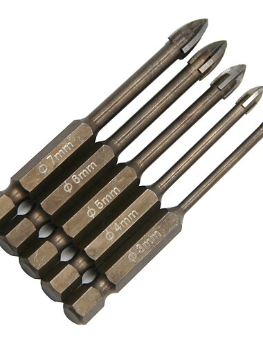  Zestaw wierteł do szkła z węglika wolframu 3/4/5/6/7 mm z węglika spiekanego z 4 krawędziami tnącymi; & szklane wiertła z włócznią krzyżową