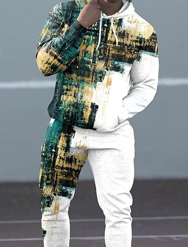 Voor heren Trainingspak Truien instellen Zwart en Wit Zwart Wit Bruin Capuchon Grafisch Geometrisch 2-stuks Afdrukken Sport & Outdoor Casual Sport 3D-afdrukken Streetwear Sportkleding Basic Lente