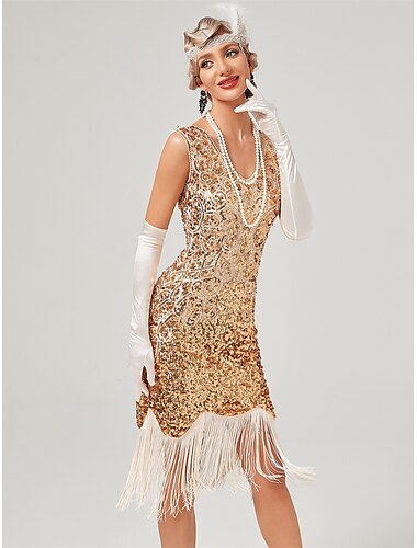  Ryczące 20s 1920 roku Sukienka koktajlowa Sukienka w stylu lat 20-tych Sukienka Bal maskowy Normalny Wielki Gatsby Czarleston Gość weselny Cekiny Frędzel Damskie Halloween Karnawał Bal maskowy