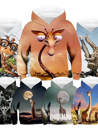  Da ragazzo 3D Animali Giraffa Felpa con cappuccio Manica lunga Stampa 3D Autunno Inverno Attivo Sportivo Di tendenza Poliestere Bambino 3-13 anni Esterno Giornaliero Al coperto Standard
