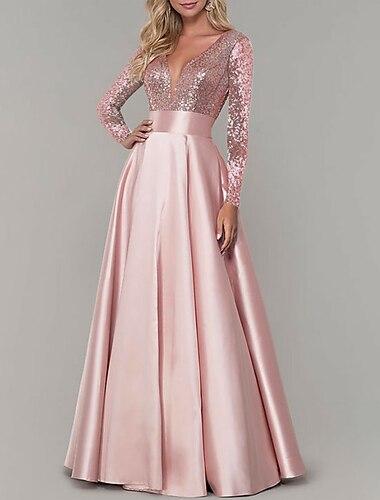  A-Linie Abendkleid Elegantes Kleid Abschlussfeier Geburtstag Bodenlange Lange Ärmel V-Ausschnitt Herbst Hochzeit Gastgeber Satin mit Falten Pailletten 2025