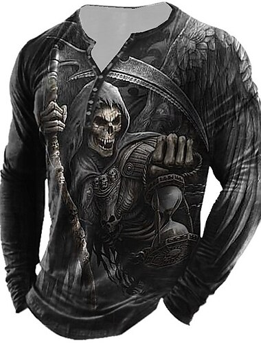  Voor heren Grafisch Doodskoppen T-shirt Henley-shirt T-shirts Lange mouw 3D-afdrukken Ontwerper Basic Klassiek Buiten Dagelijks Sport Lente & Herfst Zwart Wit Geel Bruin Grijs Henley Henley-T-shirt