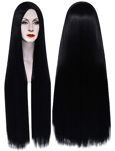  La familia Addams 40 pulgadas 100 cm pelucas negras extra largas para mujeres peluca de pelo liso pelucas negras naturales para fiesta morticia addams peluca de mujer pelucas de halloween