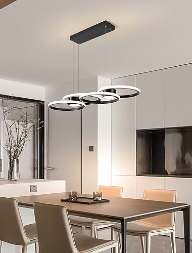  Luz de techo led de 80w, cuatro círculos, altura ajustable, luz de techo led moderna para restaurante, dorada y negra, adecuada para comedor y dormitorio ac110v ac220v