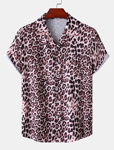  Herren Leopard Hemd Knopfhemd Kurzarm Tropisch Designer Casual Täglich Festtage Umlegekragen Schwarzgrau Weiß Rosa Marineblau Blau
