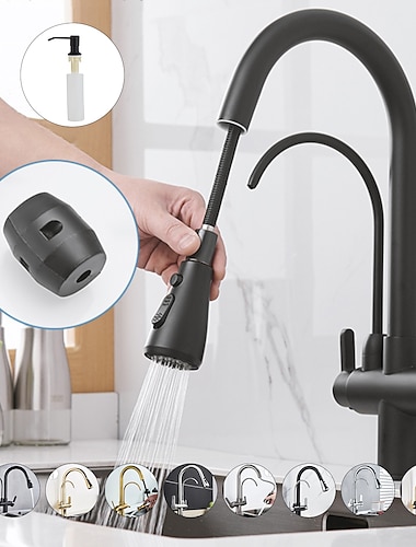  Küchenspülen-Mischbatterie ausziehbares Sprühgerät mit Seifenspender, 360 drehbare schwarze Einhand-Messinghähne zum Herunterziehen, an Deck montierter Heiß-Kaltwasser-Schlauch-Filterhahn