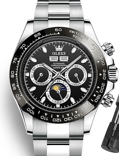  OLEVS Heren Automatische Horloges Zilveren Bezel Rvs Luxe Dress Mechanisch Maanfase Waterdichte Horloges Cadeau voor mannen Multi Datum