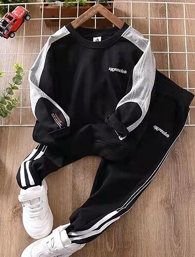  Da ragazzo 3D Color Block Set felpa con cappuccio e pantaloni della tuta Completo Manica lunga Autunno Inverno Di tendenza Stile preppy Cotone Bambino 3-12 anni Sport Standard