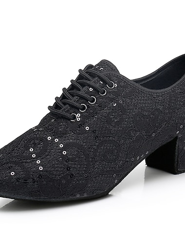  Pentru femei Încălțăminte latină Pantofi de Dans Interior Profesional Brant mai moale Paiete Toc Jos Grosime călcâială Vârf rotund Dantelat Adulți Negru Alb