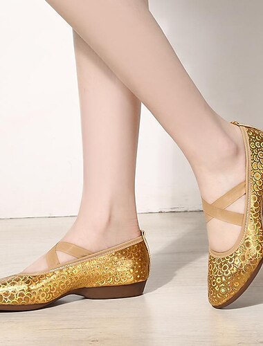  dámské stříbrné flitrové taneční boty s elastickými křížovými pásky – lehké ploché boty pro balet, jazz a moderní taneční vystoupení