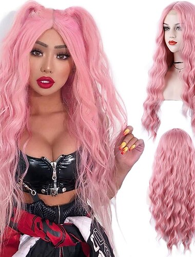  peruca rosa 28 polegadas de comprimento perucas onduladas rosa para mulheres perucas sintéticas de substituição de cabelo peruca rosa claro halloween cosplay festa diária peruca de fibra resistente ao