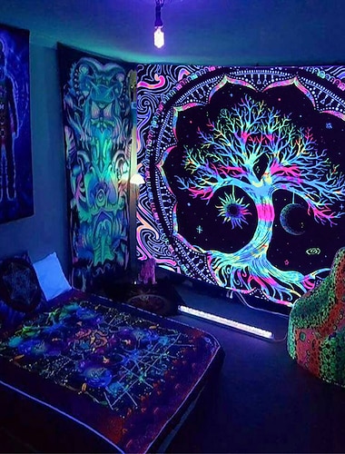  arazzo a luce nera reattivo ai raggi UV fosforescente festa fluorescente albero della vita psichedelico trippy nebbioso arazzo appeso arte murale per soggiorno camera da letto