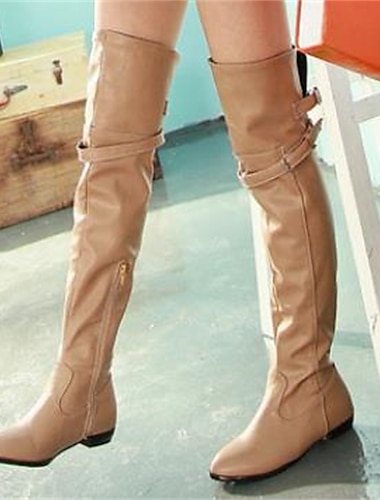  bottes plates beiges au-dessus du genou pour femmes avec fermeture éclair latérale et sangles à boucle, chic et décontractées pour un usage quotidien