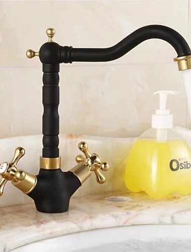  klassisk bruksvask vaskerom svart gullkran, sentersett høy bue to håndtak ett hulls servantkran med varmt- og kaldtvannsbryter, vaskekar pottefyller kommersiell kran i oljegnidd bronse
