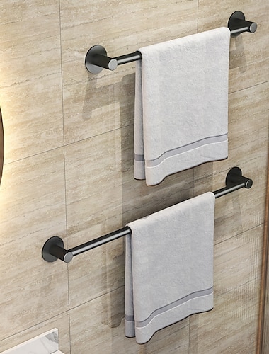  Toallero no perforado, estante de baño, espacio de aluminio negro para colgar en la pared, fondo redondo, barra de toalla de doble capa de un solo poste
