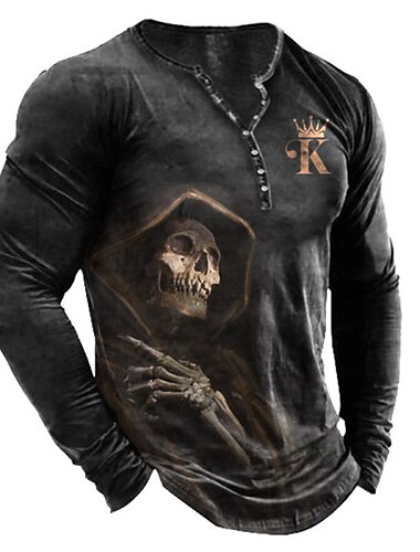  Voor heren T-shirt Henley-shirt T-shirts Grafisch Doodskoppen Henley Zwart Wit blauw Groen Grijs 3D-afdrukken Grote maten Buiten Dagelijks Lange mouw Button-omlaag Afdrukken Kleding Ontwerper