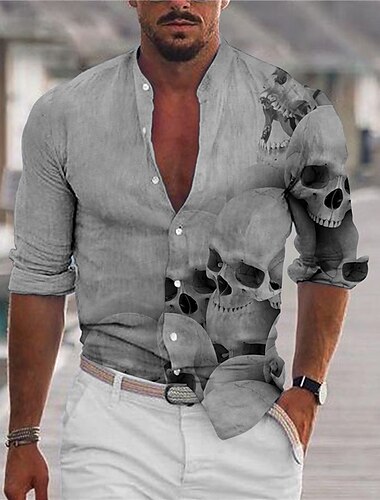  Herren Hemd Grafik-Shirt Totenkopf Motiv Ständer Schwarz Weiss + schwarz Weiß Hellgrau Grau 3D-Druck Outdoor Halloween Langarm Bedruckt Button-Down Bekleidung Modisch Designer Brautkleider schlicht
